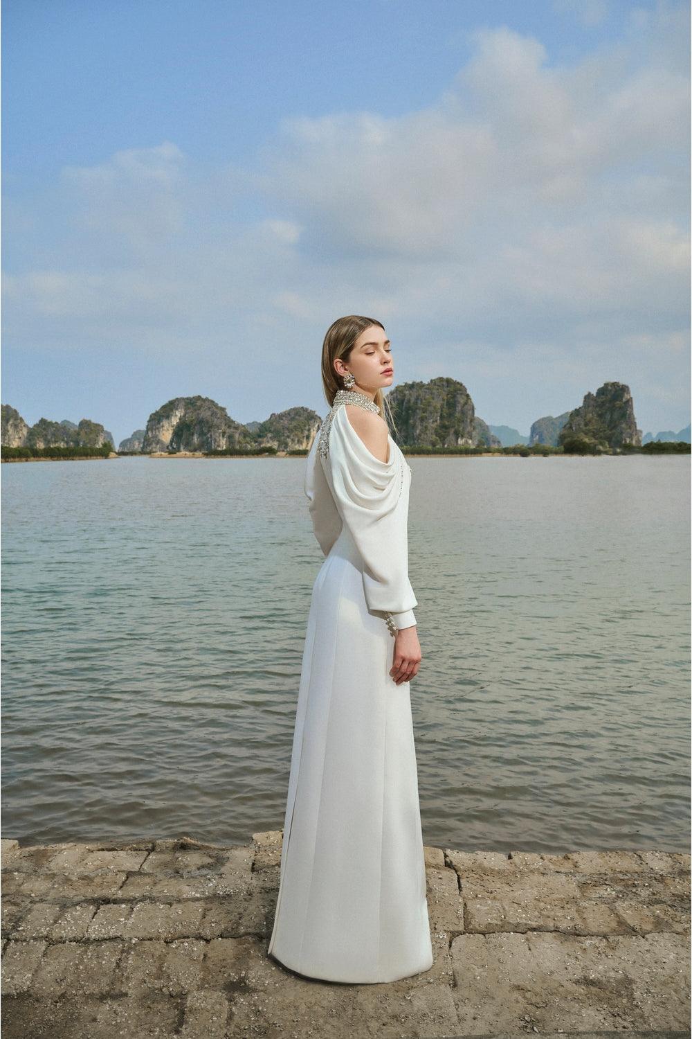 Cold-Shoulder Turtleneck Full Dress With Stone Embellishment