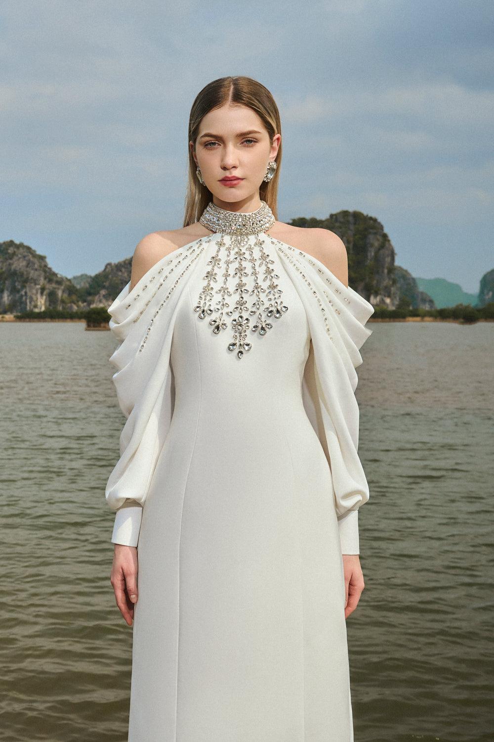 Cold-Shoulder Turtleneck Full Dress With Stone Embellishment