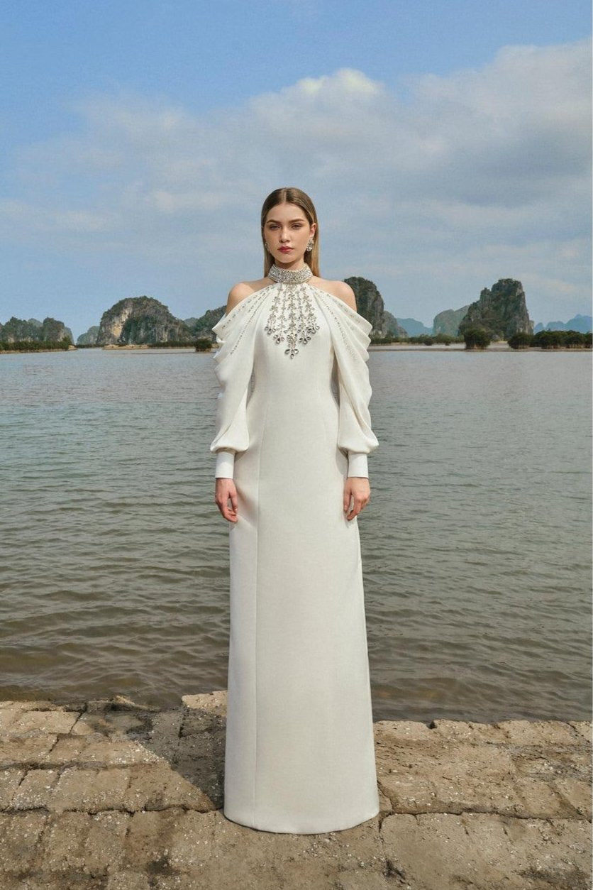 Cold-Shoulder Turtleneck Full Dress With Stone Embellishment