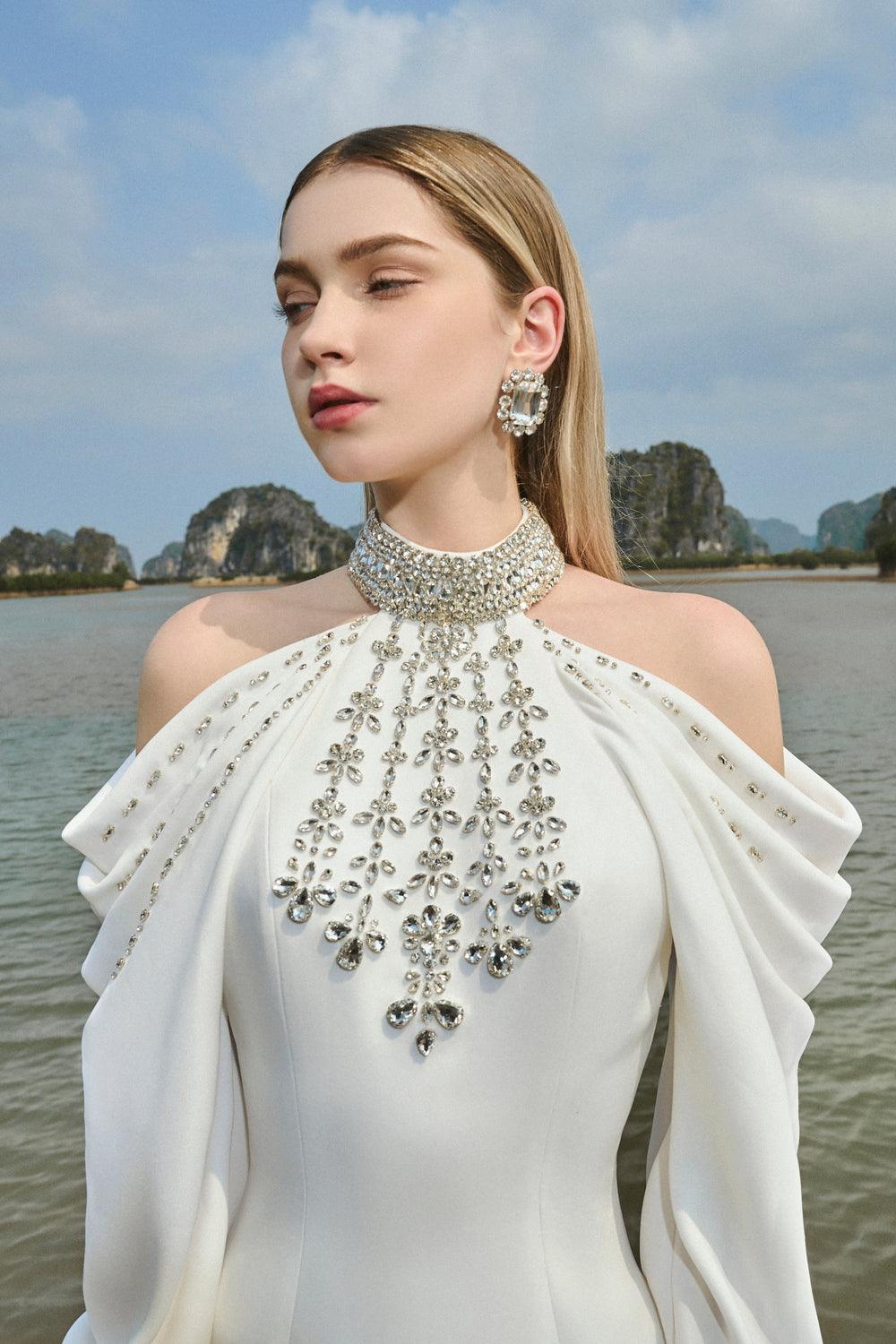 Cold-Shoulder Turtleneck Full Dress With Stone Embellishment