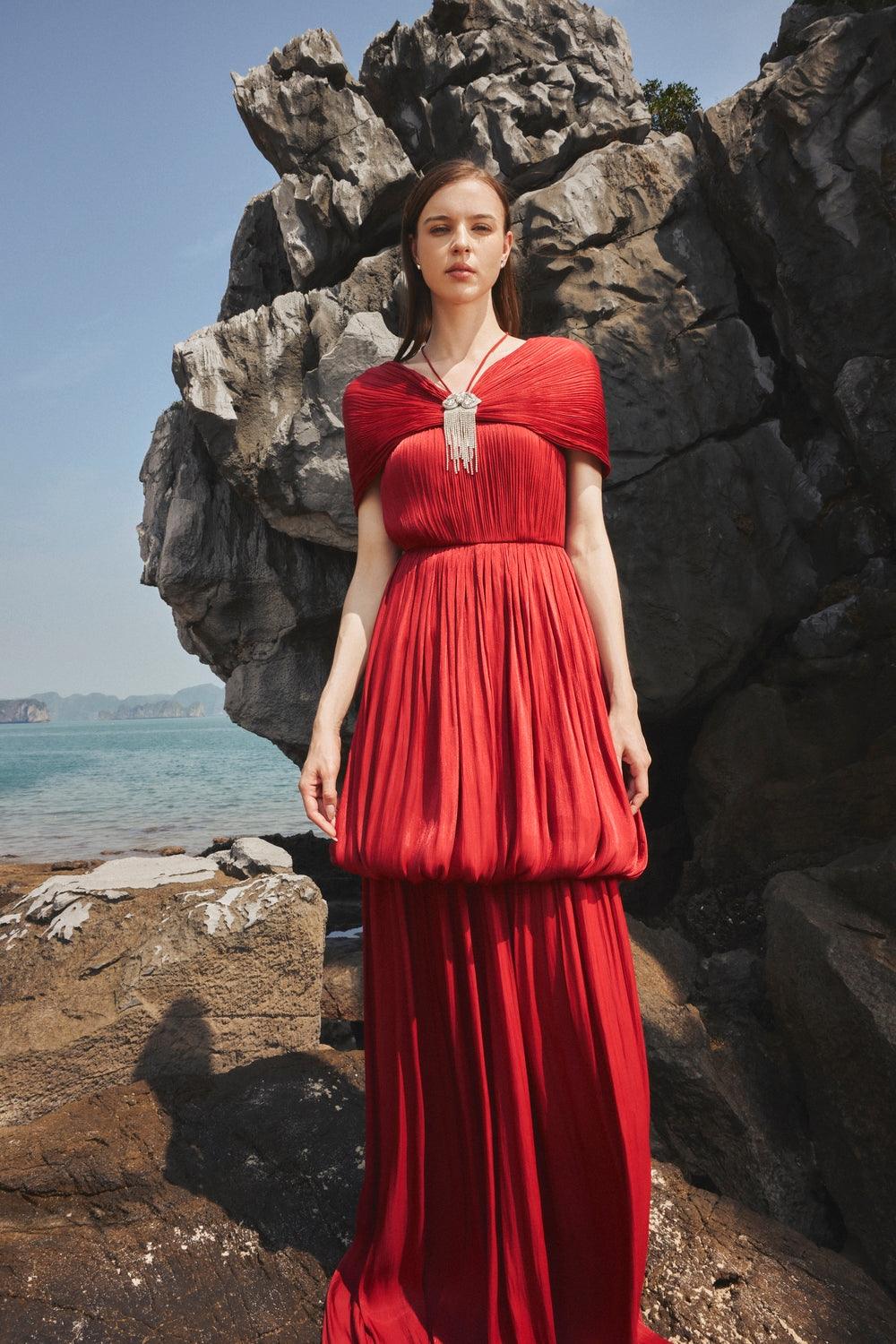 Off-Shoulder Bubble Flare Pleated Full Dress - TRACY COUTURE