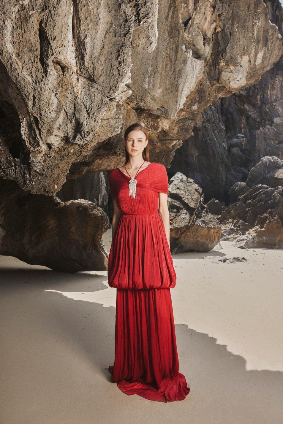 Off-Shoulder Bubble Flare Pleated Full Dress - TRACY COUTURE