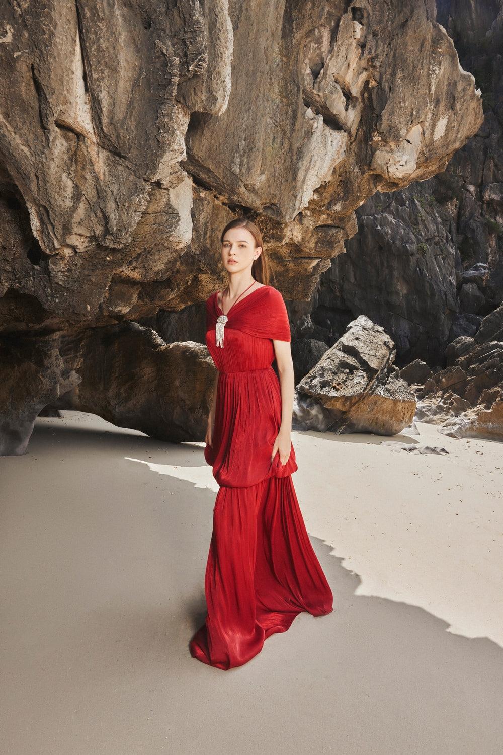 Off-Shoulder Bubble Flare Pleated Full Dress - TRACY COUTURE