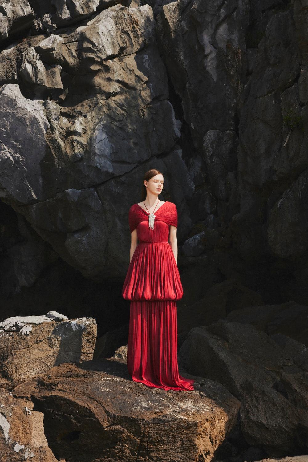 Off-Shoulder Bubble Flare Pleated Full Dress - TRACY COUTURE