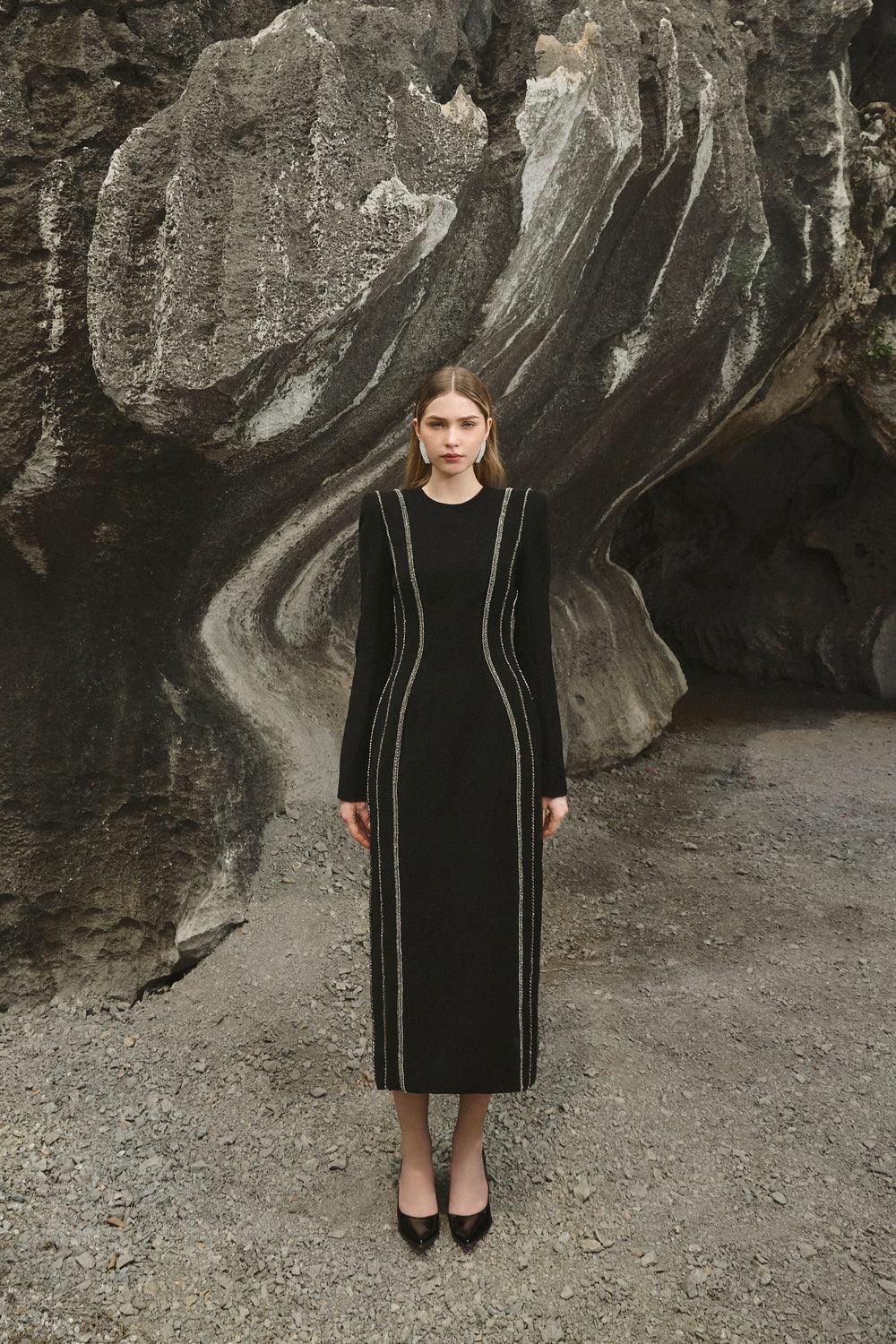 Crystal Embellished Long Sleeve Bodycon Midi Dress - TRACY COUTURE