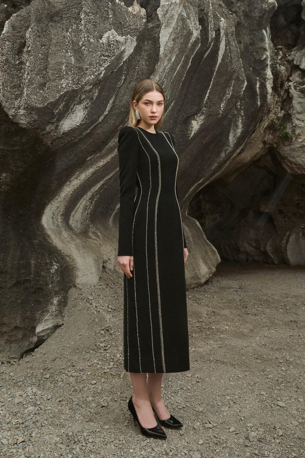 Crystal Embellished Long Sleeve Bodycon Midi Dress - TRACY COUTURE