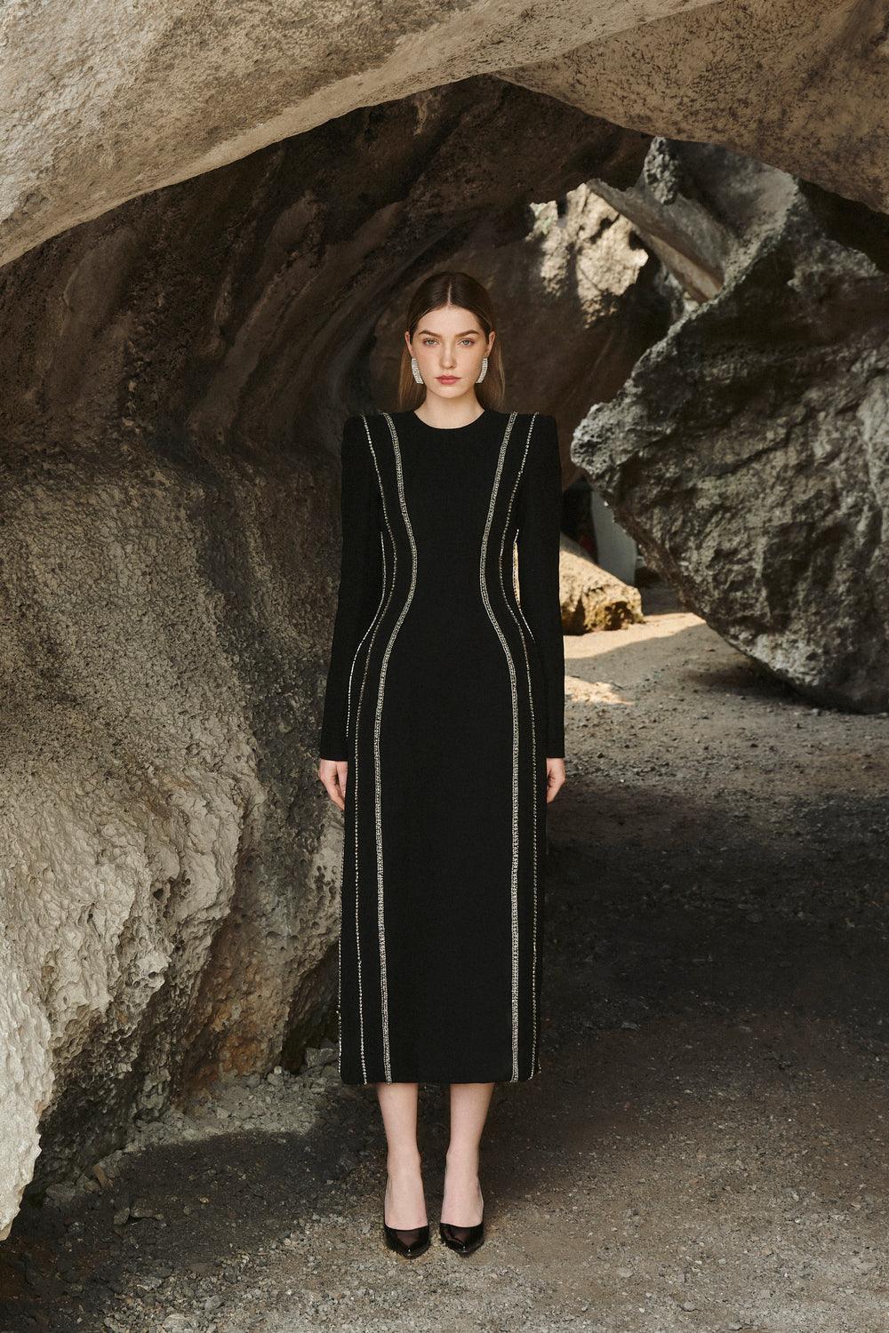 Crystal Embellished Long Sleeve Bodycon Midi Dress - TRACY COUTURE