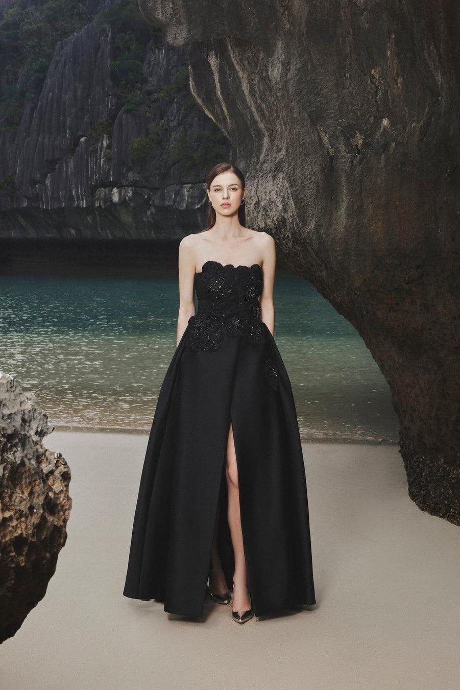 Strapless Front Slit With Embroidery Pattern Dress