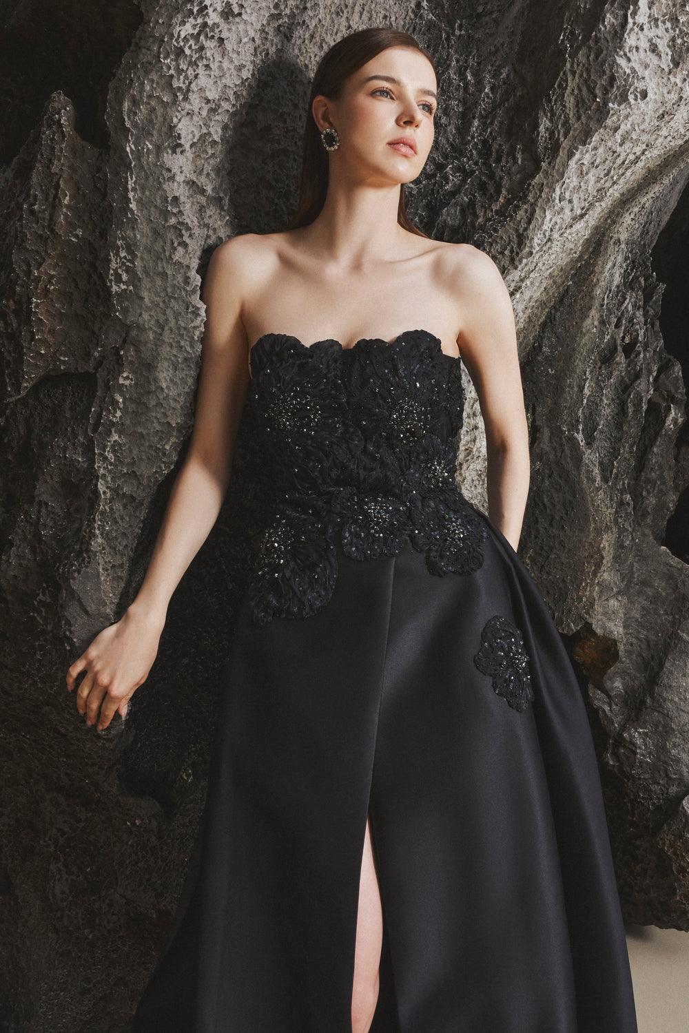 Strapless Front Slit With Embroidery Pattern Dress