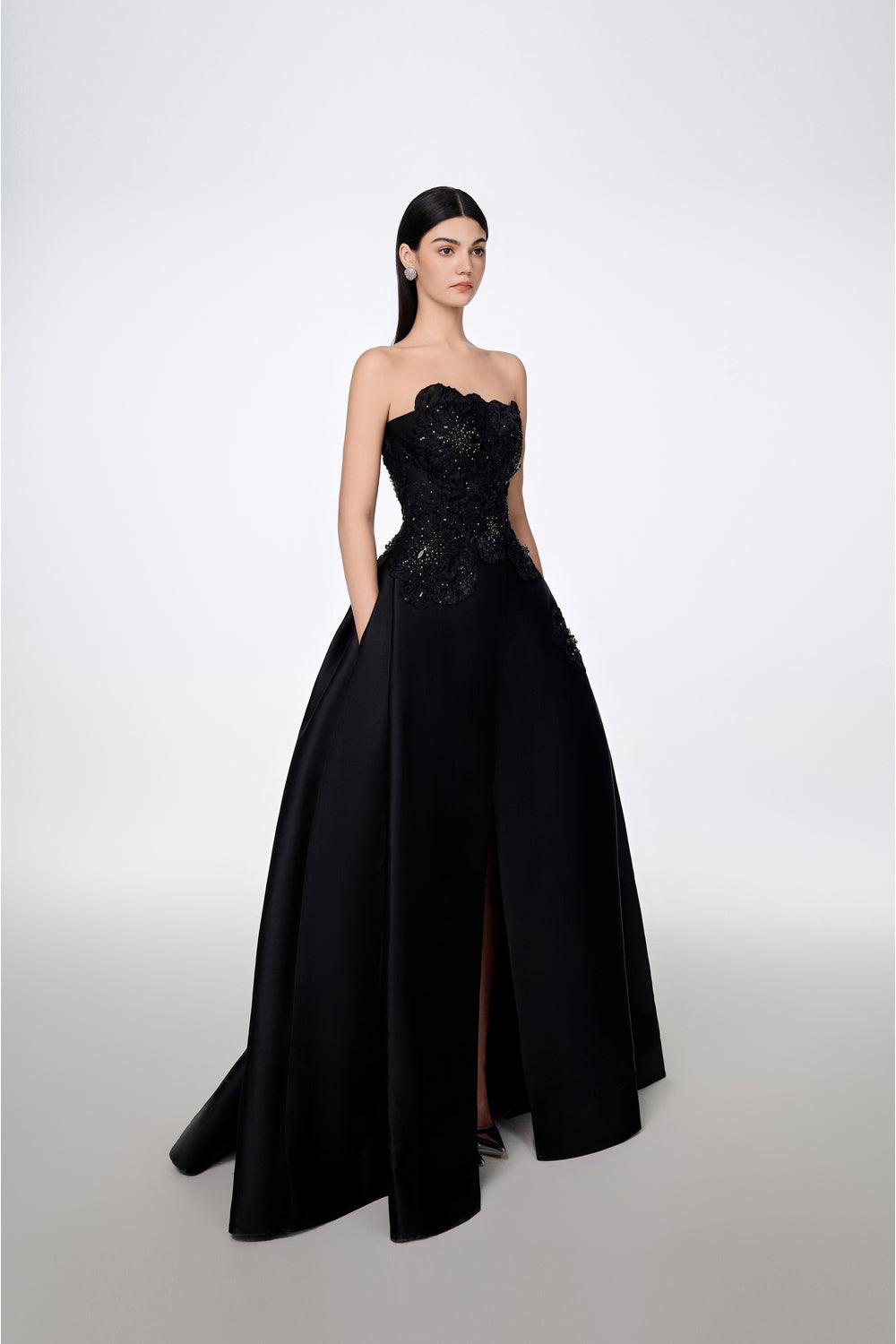 Strapless Front Slit With Embroidery Pattern Dress