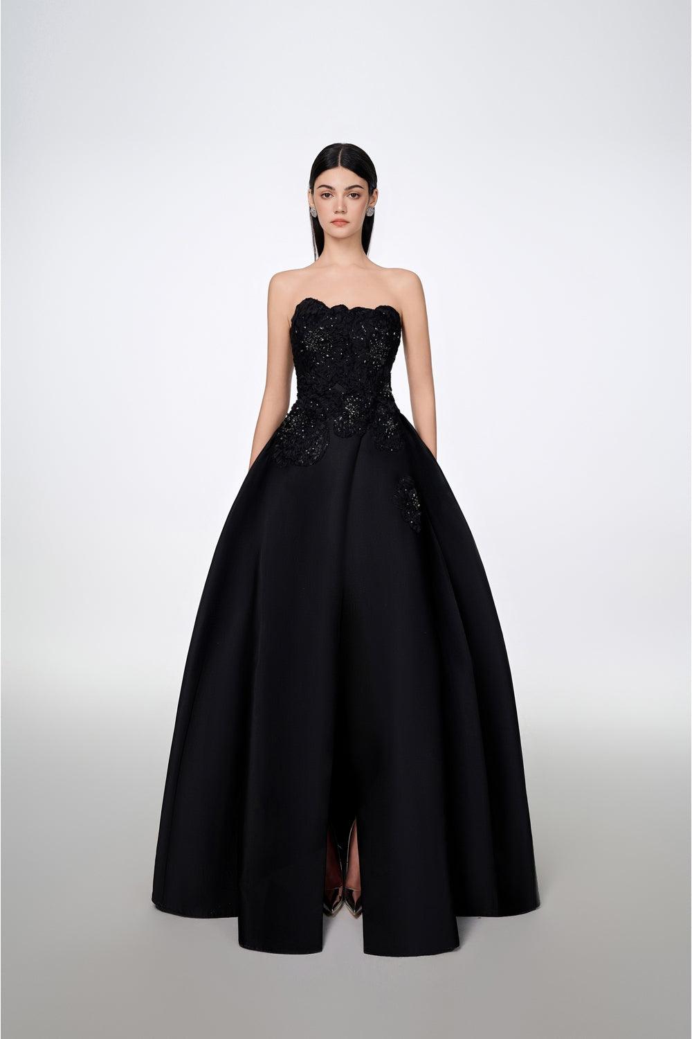 Strapless Front Slit With Embroidery Pattern Dress