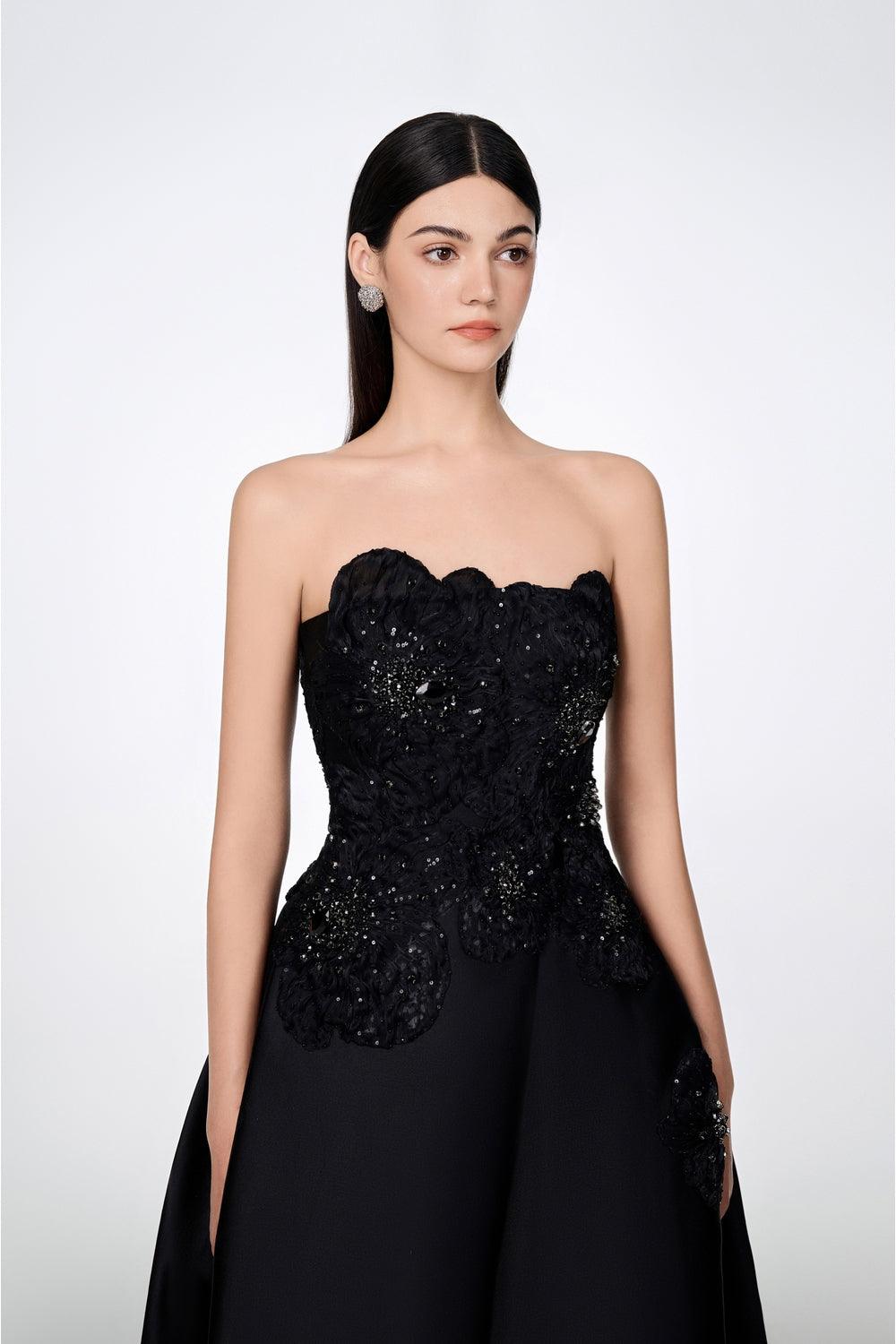 Strapless Front Slit With Embroidery Pattern Dress