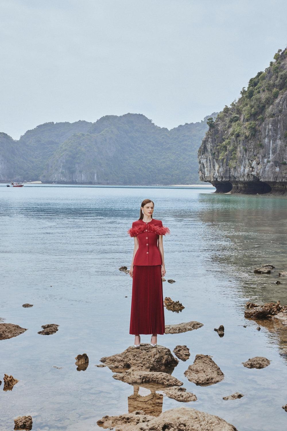 Feather Embellished Short Sleeve Blazer With Pleated Ankle Skirt Set