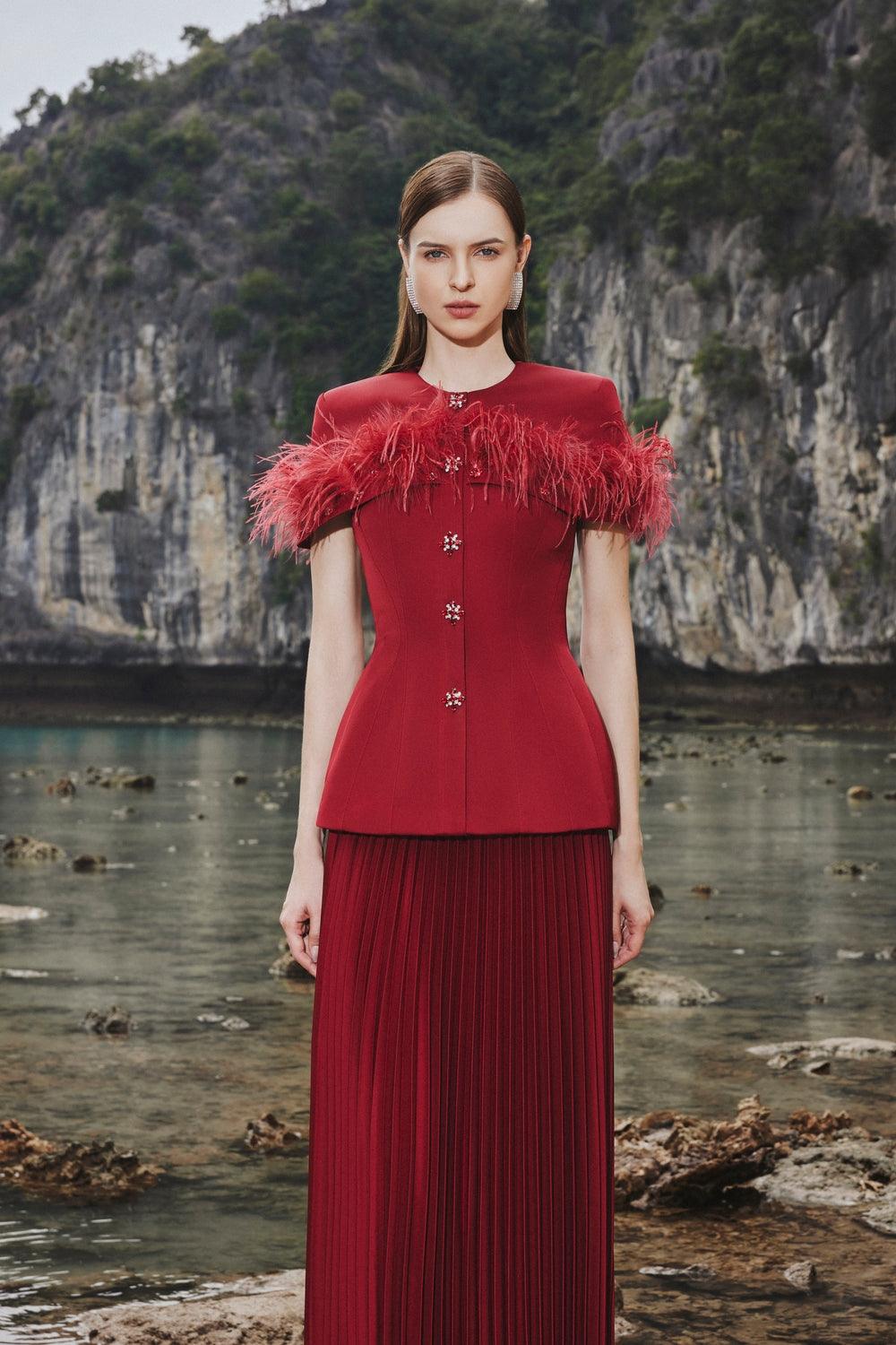 Feather Embellished Short Sleeve Blazer With Pleated Ankle Skirt Set